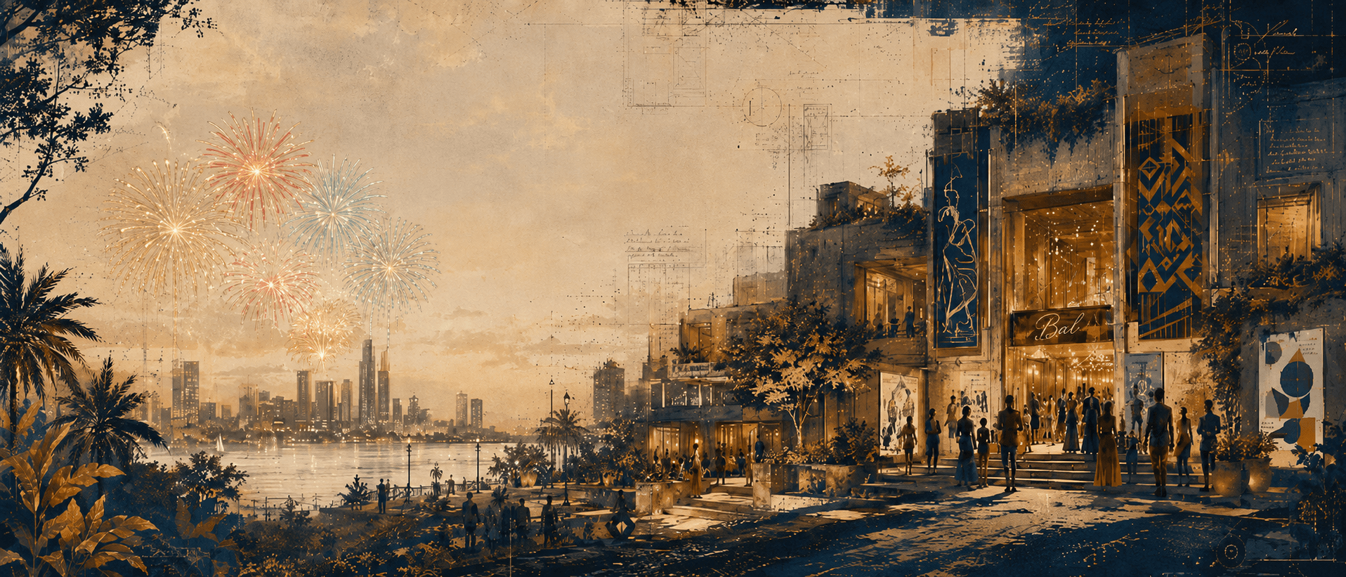 Afro-cultural waterfront city at dusk with fireworks, cultural venues and people gathering